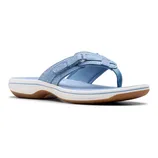 Clarks Cloudstepper Comfort Sandals feature a light blue fabric strap with adjustable velcro, a cushioned footbed, and a contoured rubber sole for support and comfort.