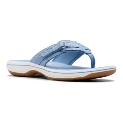 Clarks Cloudstepper Comfort Sandals feature a light blue fabric strap with adjustable velcro, a cushioned footbed, and a contoured rubber sole for support and comfort.