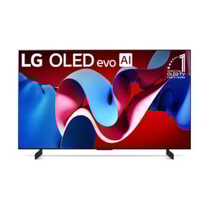 LG 42\“ OLED evo AI TV with vibrant visuals and AI enhancements, featuring a slim design and modern stand.