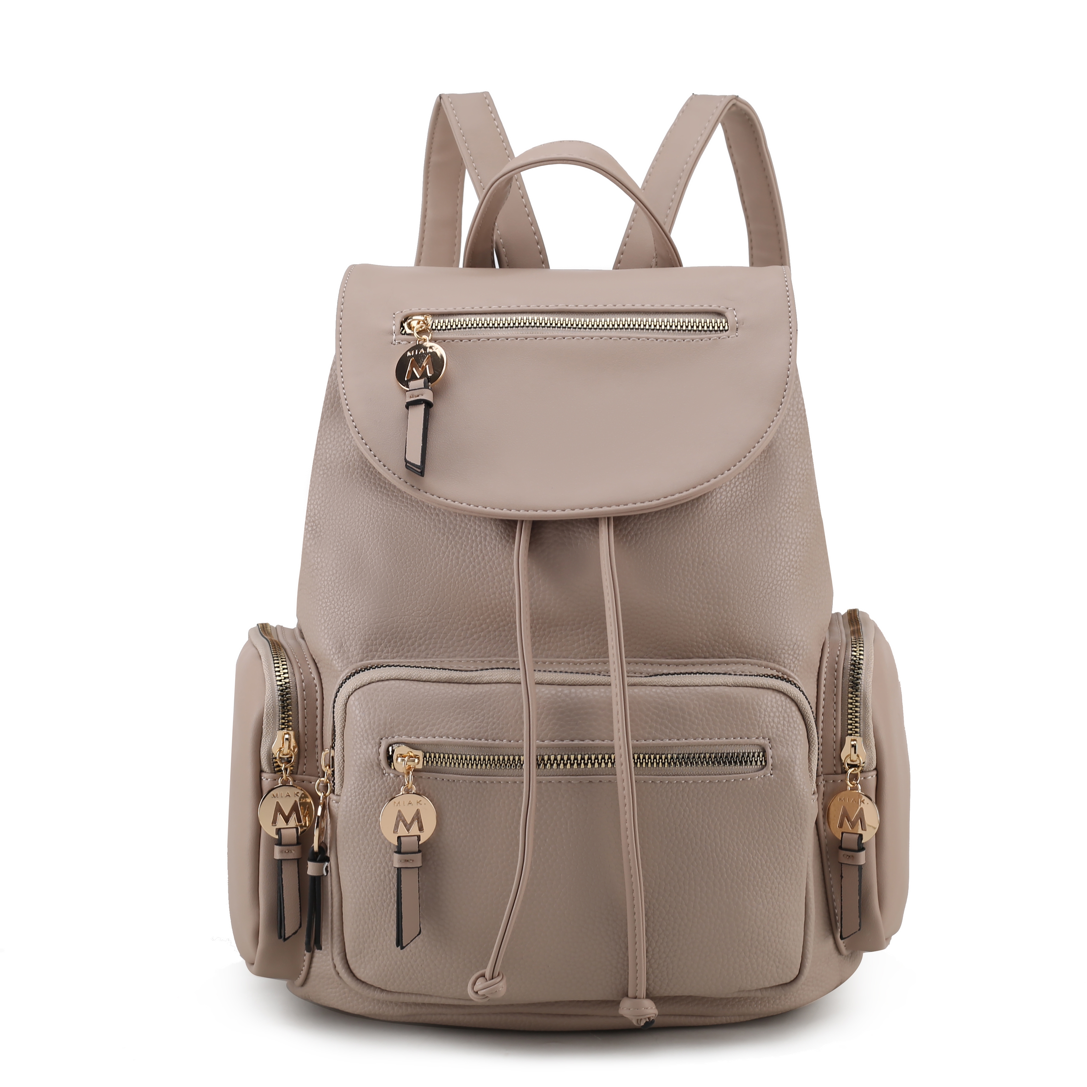 A beige leather backpack with multiple zippered pockets, featuring gold accents and an \“M\“ logo on the zipper pulls.