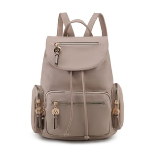 A beige leather backpack with multiple zippered pockets, featuring gold accents and an \“M\“ logo on the zipper pulls.