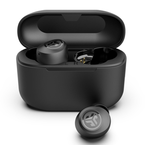 Black wireless earbuds with a matching charging case, featuring a logo on each earbud.