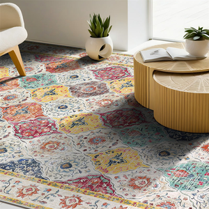 A colorful, ornate rug with floral and geometric patterns, situated near a round wooden coffee table and two modern plant pots.