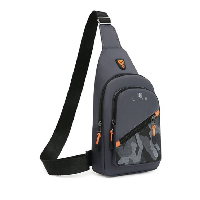 A gray sling backpack with a single black strap, featuring a front pocket with a zipper, orange accents, and a camouflage pattern on the lower section.