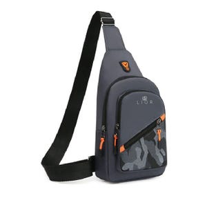 A gray sling backpack with a single black strap, featuring a front pocket with a zipper, orange accents, and a camouflage pattern on the lower section.