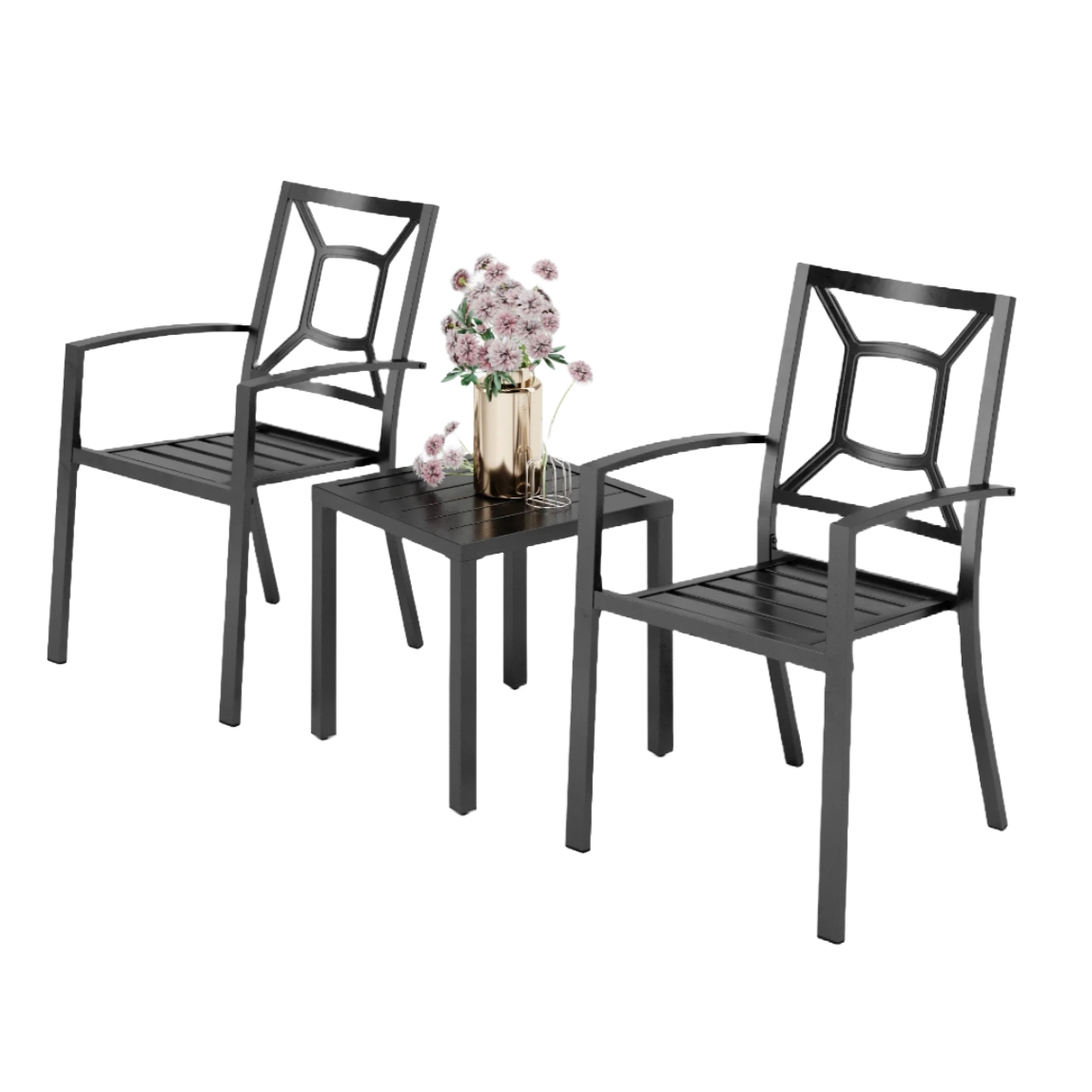 Two black metal chairs with geometric back designs flank a matching side table, which holds a gold vase with flowers.