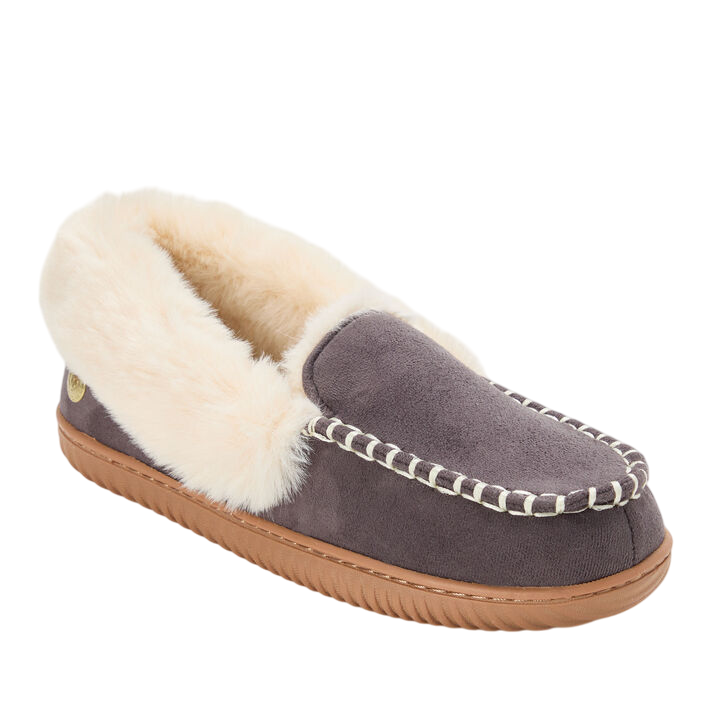 Fuzzy-lined moccasin-style slipper with a brown suede exterior and rubber sole, featuring white stitching and plush cream interiors.