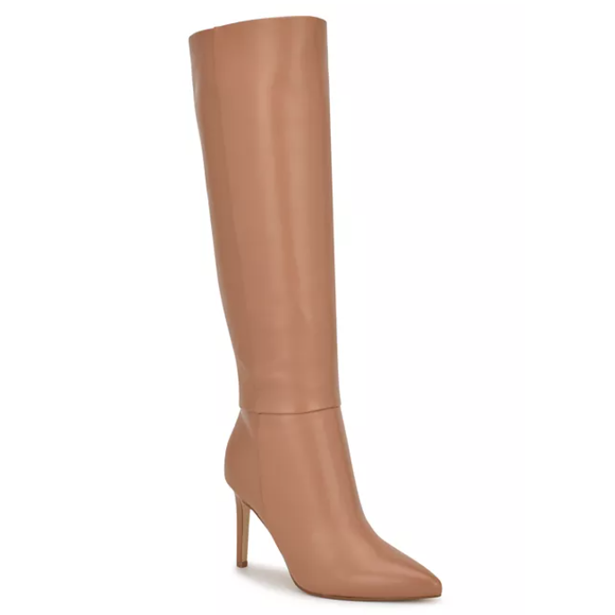 A tan knee-high stiletto boot with a pointed toe and sleek design.