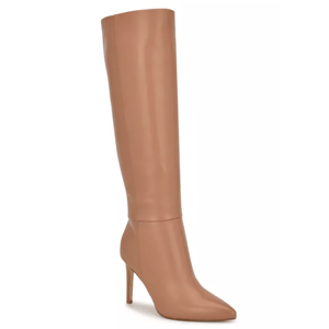 A tan knee-high stiletto boot with a pointed toe and sleek design.