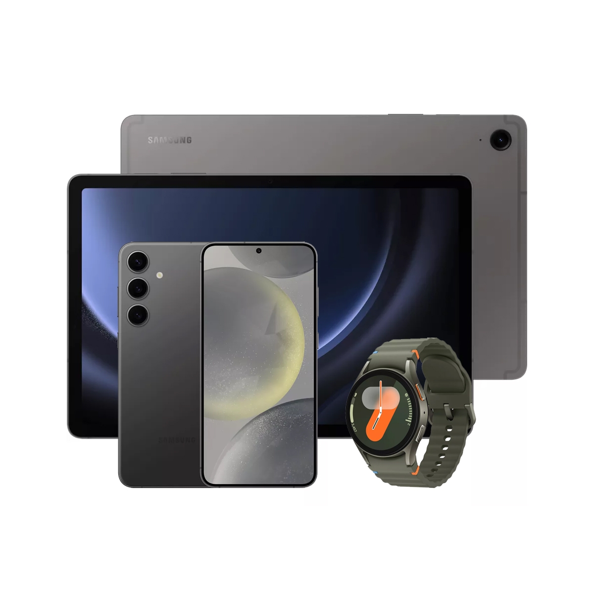 Samsung smartphone, tablet, and smartwatch displayed together.