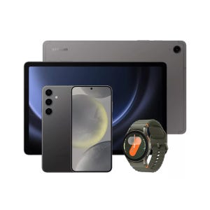 Samsung smartphone, tablet, and smartwatch displayed together.