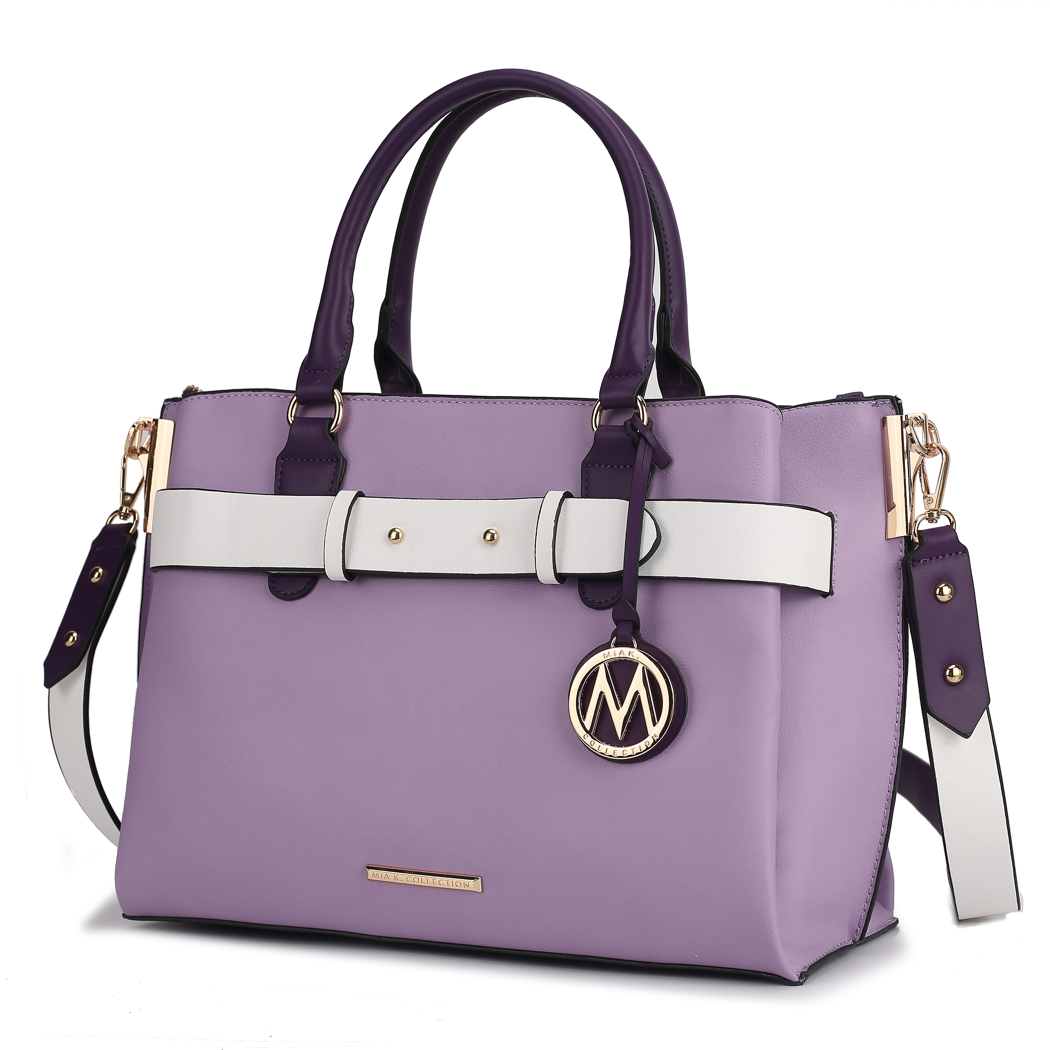A stylish purple handbag with dual handles features white accent straps, a shoulder strap, and gold hardware, including a circular charm.