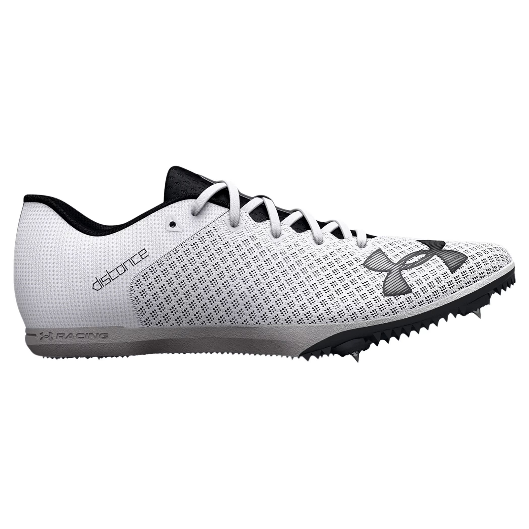 A white track spike shoe with black accents and a prominent brand logo on the side.