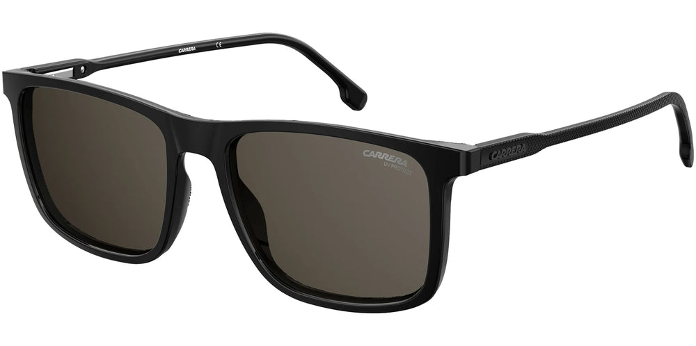 Black Carrera sunglasses with rectangular lenses and a sleek, modern design, featuring a subtle logo on the temples.