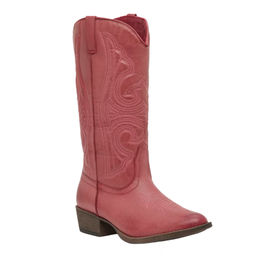 A pink cowboy boot with intricate stitching, featuring a mid-height heel and pull-on tabs.