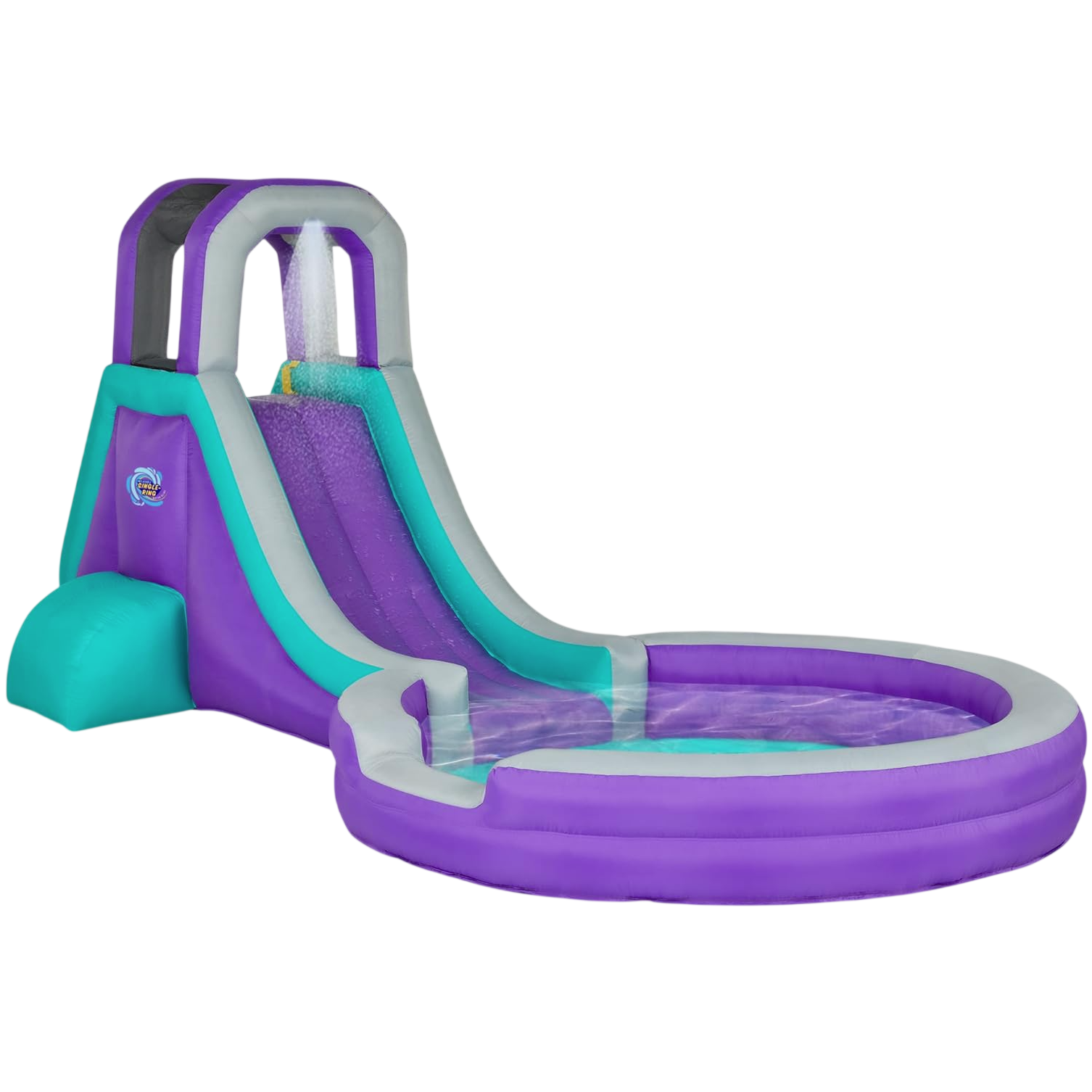 An inflatable water slide with a splash pool, featuring a purple and turquoise design and a built-in water sprinkler at the top.