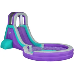 An inflatable water slide with a splash pool, featuring a purple and turquoise design and a built-in water sprinkler at the top.