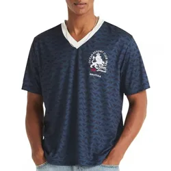 Men's short-sleeve, navy V-neck shirt with a white trim and printed design featuring \“Ocean Resort Club 1983\“ and \“Nautica\“ logo on the chest.