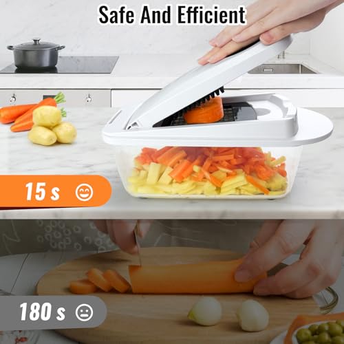 A hand-operated food chopper is shown slicing vegetables into a container in 15 seconds, compared to manual slicing taking 180 seconds.