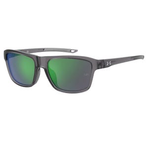 Sunglasses with a gray frame and green-mirrored lenses, featuring the Under Armour logo on the temples.