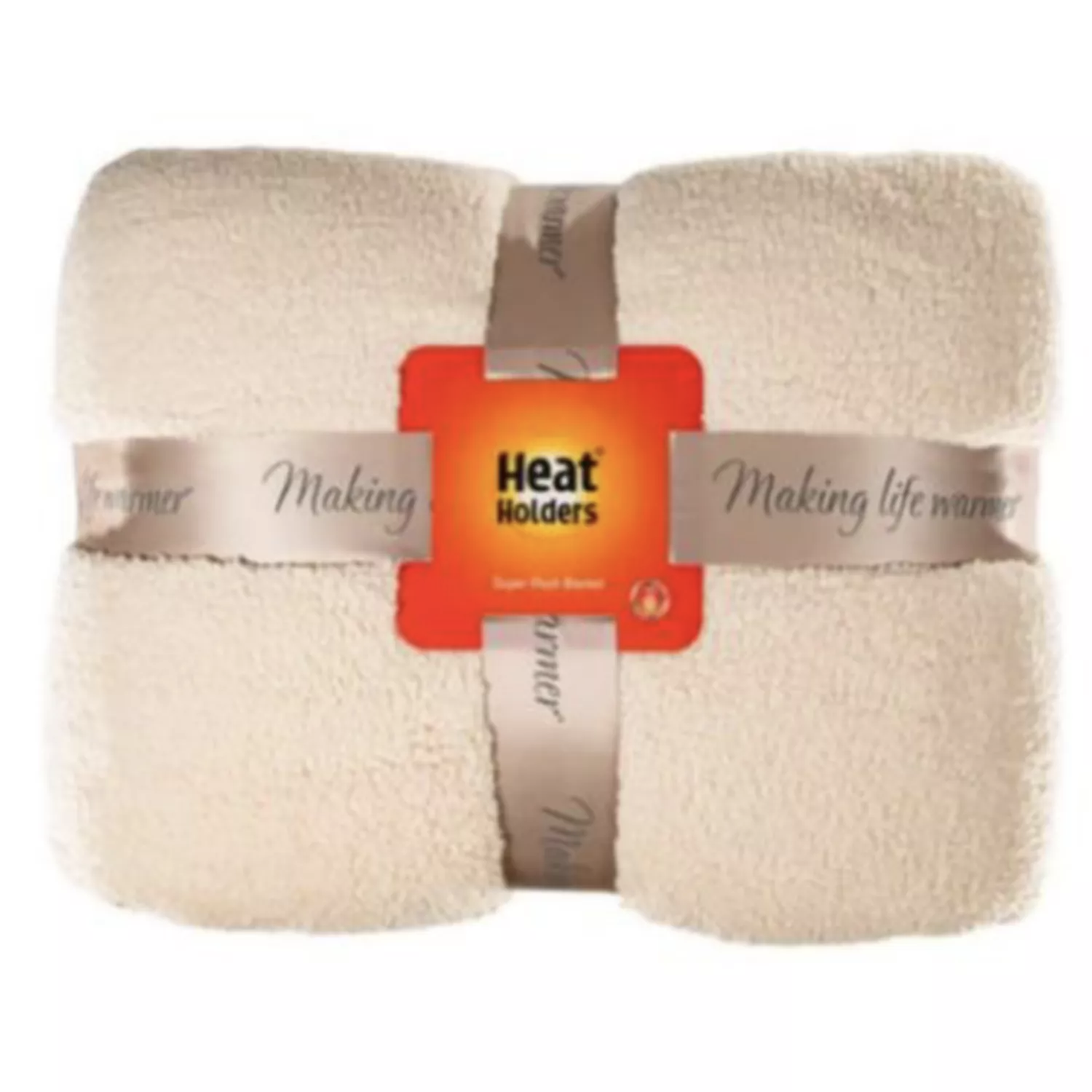 Heat Holders Super Plush Blanket in cream color, designed to provide warmth. The packaging features the slogan \“Making life warmer.\“