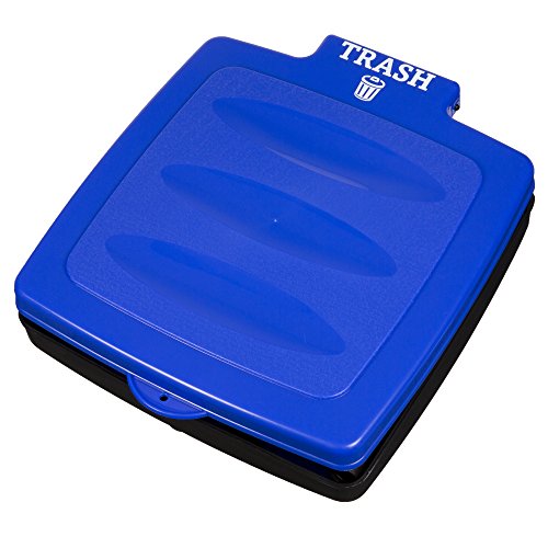 Blue trash can lid with a small garbage icon and the word \“TRASH\“ on top.