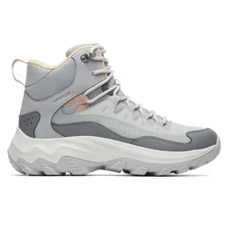 A gray waterproof hiking boot with high ankle support, featuring Merrell branding and a chunky white sole for traction.