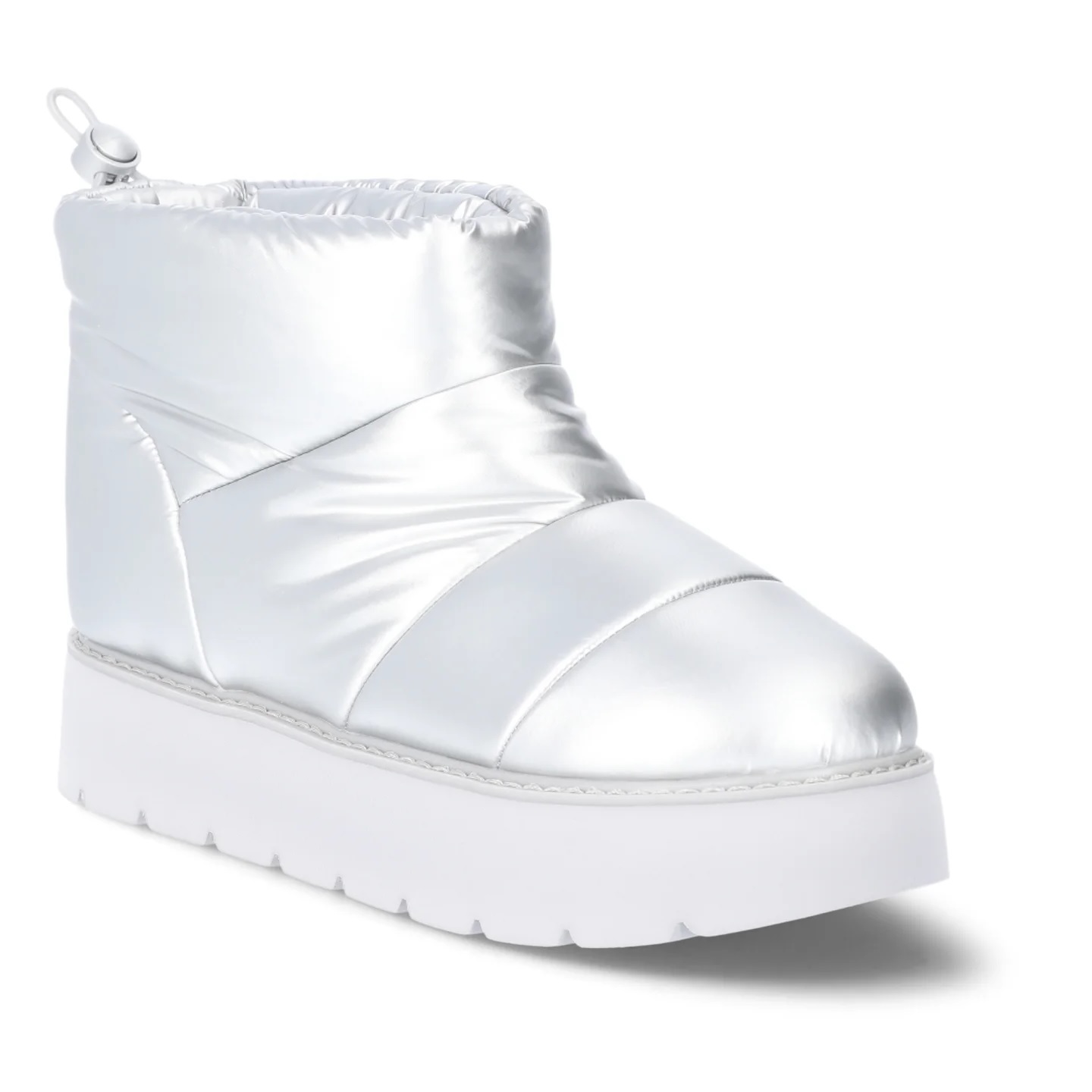 Silver puffer-style ankle boot with a drawstring at the top and a thick white sole, featuring a quilted design.