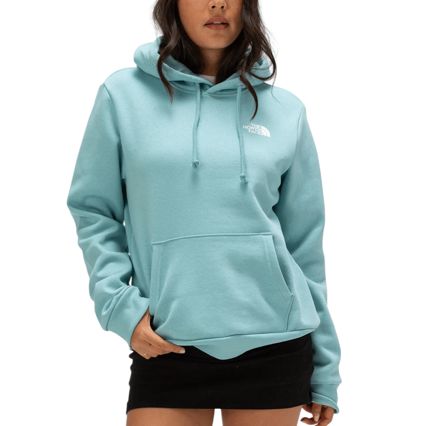 A woman is wearing a light blue North Face hoodie with a kangaroo pocket and drawstring hood, paired with a black skirt.