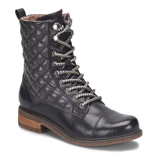 Black leather B.O.C. boots featuring quilted stitching on the shaft, lace-up front with metal eyelets, and a low wooden heel.
