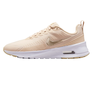 A pair of tan Nike Air Max sneakers with a white sole.