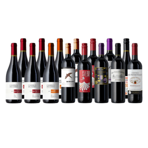 A collection of 12 wine bottles featuring various labels and styles, including Cameron Hughes and Bordeaux selections.