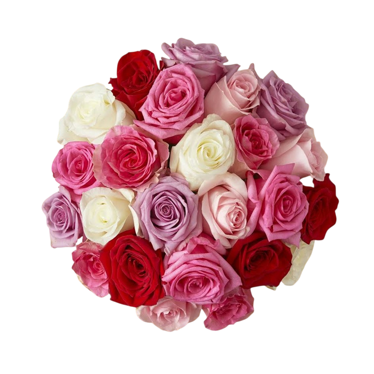 A bouquet of multicolored roses, including red, pink, white, and purple blooms, arranged on a wooden surface.