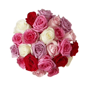A bouquet of multicolored roses, including red, pink, white, and purple blooms, arranged on a wooden surface.