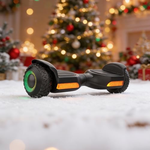 A self-balancing hoverboard with illuminated wheels and reflective orange panels sits on a snowy surface, set against a festive background with Christmas trees and decorations.