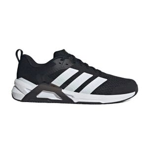 Black and white athletic sneaker with three white stripes on the side and a pull tab on the heel.
