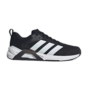 Black and white athletic sneaker with three white stripes on the side and a pull tab on the heel.