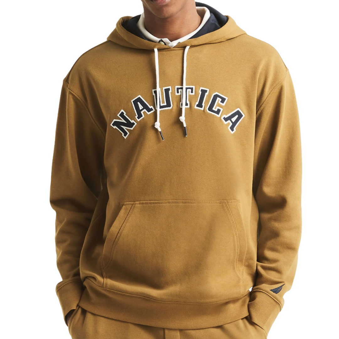 A brown hoodie with \“NAUTICA\“ spelled out in bold letters across the chest, featuring a drawstring hood and a front pouch pocket.