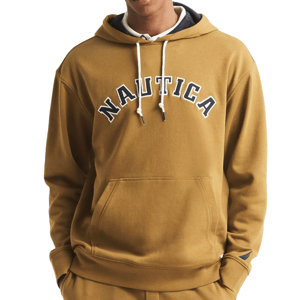 A brown hoodie with \“NAUTICA\“ spelled out in bold letters across the chest, featuring a drawstring hood and a front pouch pocket.