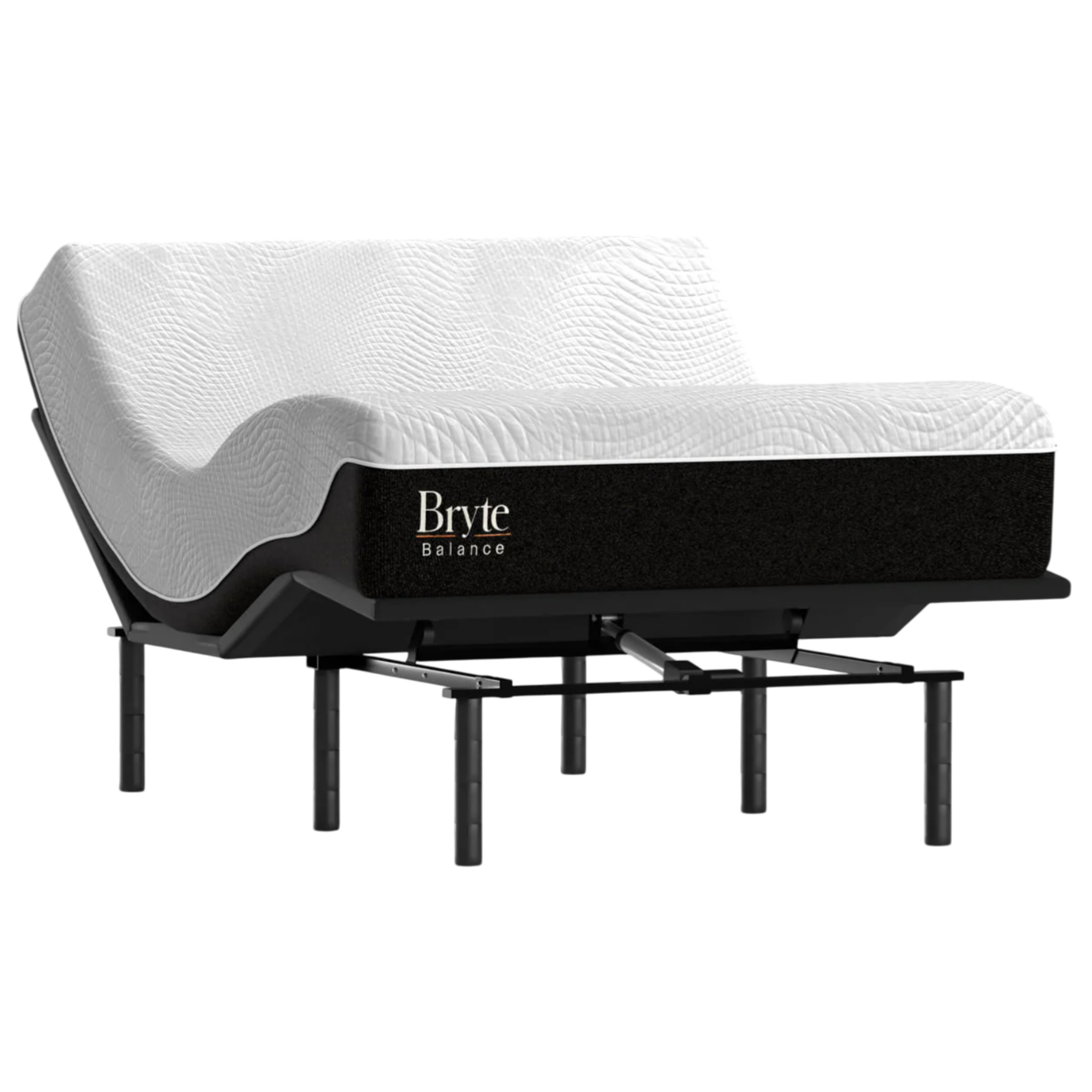 An adjustable bed featuring a mattress with a black and white design, labeled \“Bryte Balance,\“ on a frame with multiple legs.