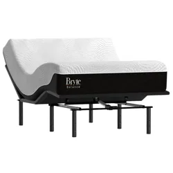 An adjustable bed featuring a mattress with a black and white design, labeled \“Bryte Balance,\“ on a frame with multiple legs.