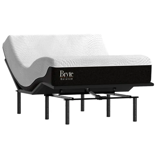 An adjustable bed featuring a mattress with a black and white design, labeled \“Bryte Balance,\“ on a frame with multiple legs.