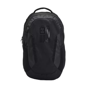 A black backpack featuring the Under Armour logo and the word \“FREEDOM\“ on the front. It has multiple compartments and side mesh pockets.