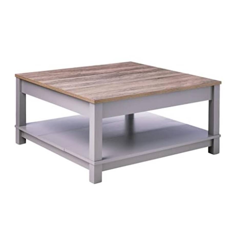 A square coffee table with a wooden top and gray frame, featuring a lower shelf for additional storage.