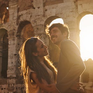A couple embracing in front of the Colosseum, with the sunlight creating a warm, golden ambiance.