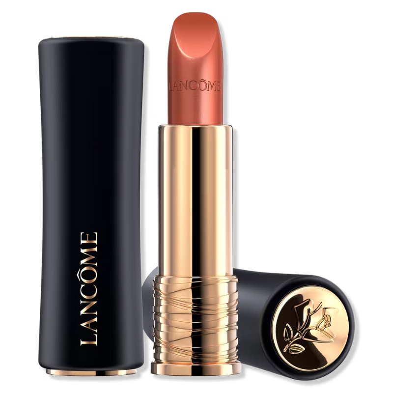 Lancôme lipstick with a black and gold case featuring a rose emblem on the cap.