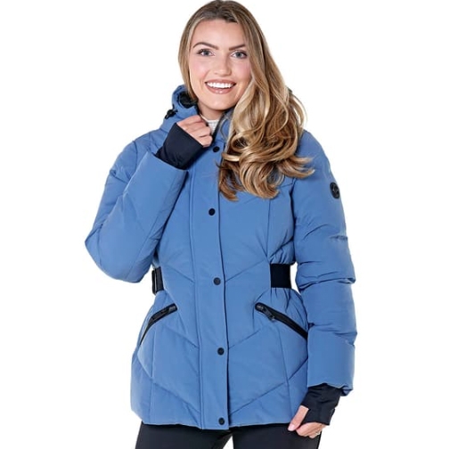 A blue Michael Kors puffer jacket featuring a hood, black zippered pockets, and wrist cuffs with thumbholes. The design includes a belted waist for a fitted look and snap buttons down the front.