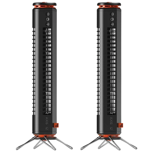 Two black cylindrical tower fans with orange accents and foldable tripod stands.