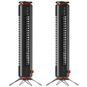 Two black cylindrical tower fans with orange accents and foldable tripod stands.