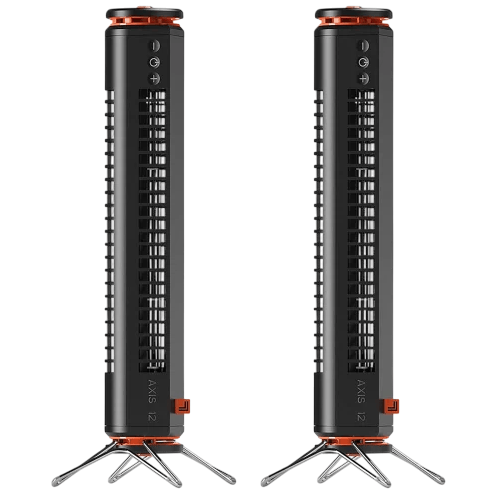 Two black cylindrical tower fans with orange accents and foldable tripod stands.